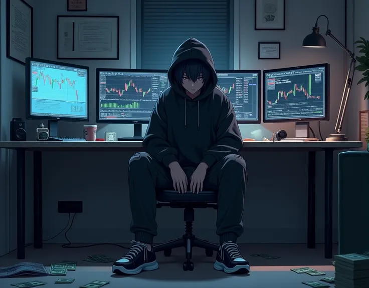 An anime-style scene featuring a Quria-inspired character with a relaxed and casual vibe. The character is depicted wearing a black hoodie with subtle texture details, baggy cargo pants with pockets, and black sneakers that reflect a modern street style. T...