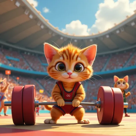 Baby cat lifting weights at the Olympics、Brown Cat、Pixar Style