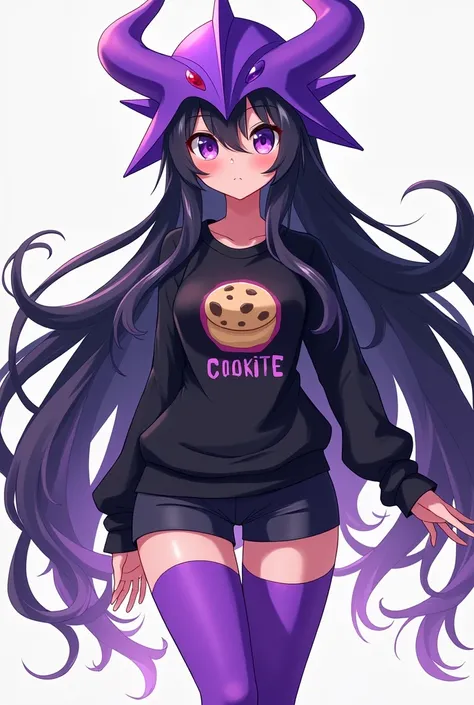 anime girl image, with white skin, black hair, of collections, hair with waves at the ends, violet colored valkyrie helmet, black top with cookie logo, short short, long violet tights.