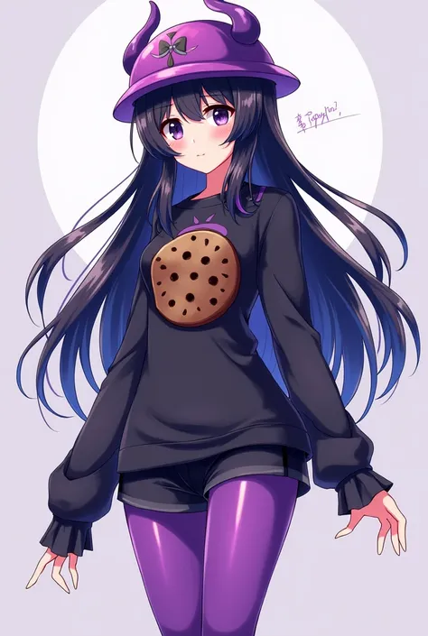 anime girl image, with white skin, black hair, of collections, hair with waves at the ends, violet colored valkyrie helmet, black top with cookie logo, short short, long violet tights.