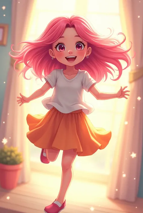 One girl, Gaze, Sparkle Effect, Medium Hair, Smiling with teeth showing, Backlight, Illustration, Highest quality, Pink Hair, Jumping