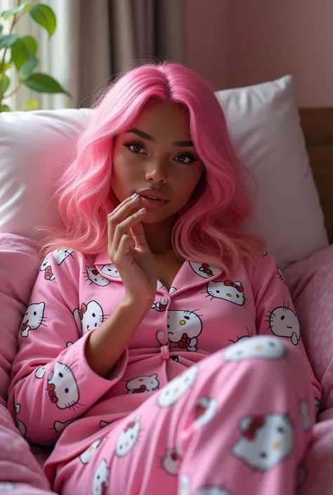 Light skinned black young adult girl, hello kitty pajamas, smoking pot, sitting on the bed, medium pink wavy hair