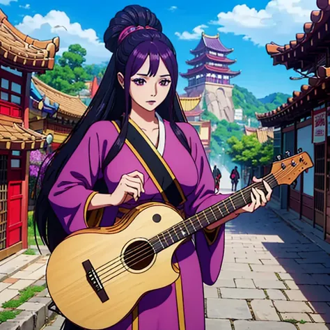 4K, high resolution, full body, female human, Bard, long purple hair, Asian features, holding a Lute, medieval city in the background.
