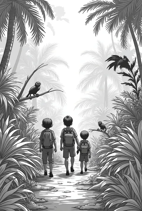 Make me a comic strip about a jungle with information and in black and white, that the image is simple and easy to color

