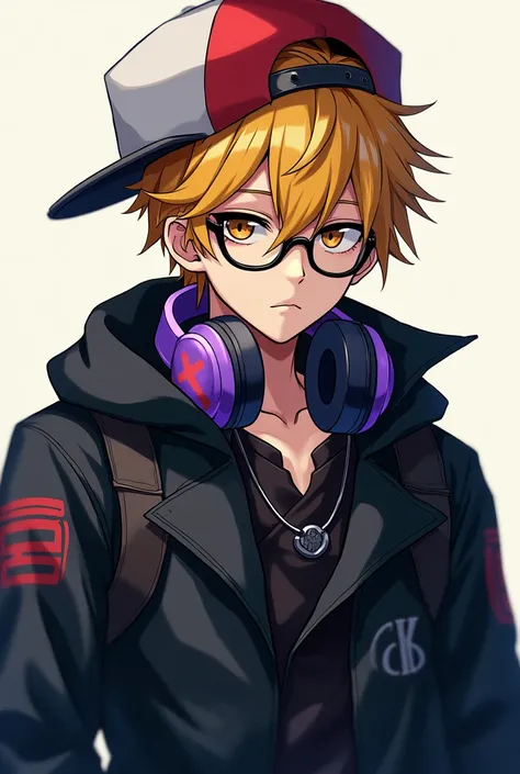 male anime with yellow blonde hair, emo clothes with bandages, glasses, with red and white hat, purple headphones, Black pants