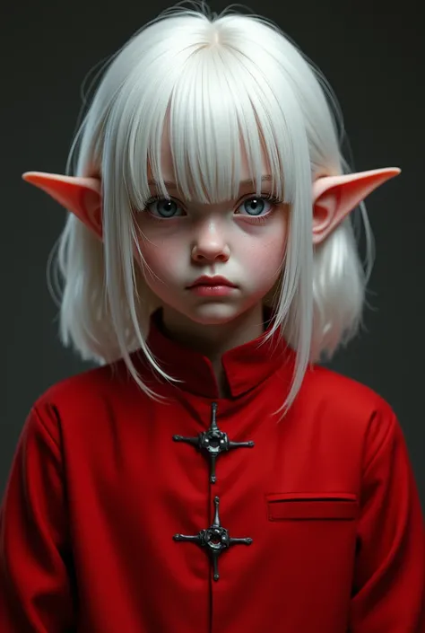 A neutral emotion boy with pointed ears looks at the camera dressed all in red with mid-length white hair