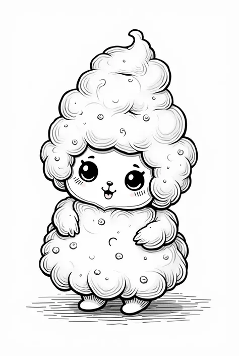 Make a drawing with a white background and black lines, coloring book style, he must be very cute, the design is made up of edible cotton candy 