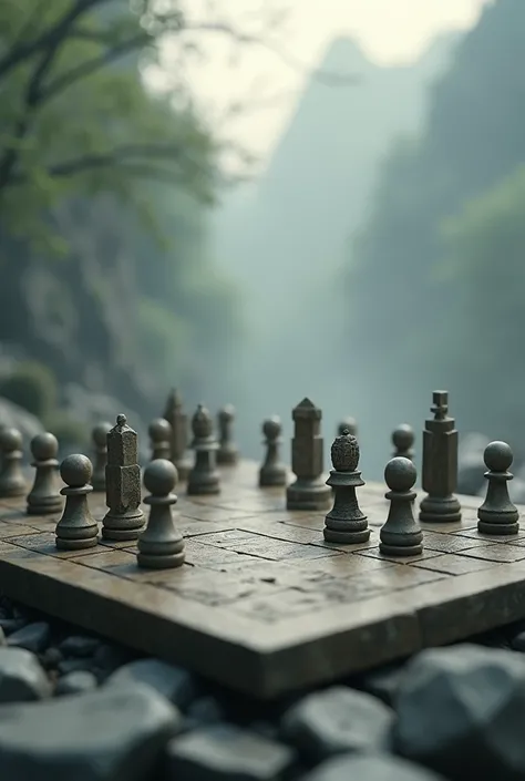 At the bottom is a huge but blurry Go board，There are several chess pieces on it.，There are several broken stone Go chessboards floating around.，There is light fog，Chinese ancient style， Depth of Field，HD，Modeling，Local focusing，3D，Poster level