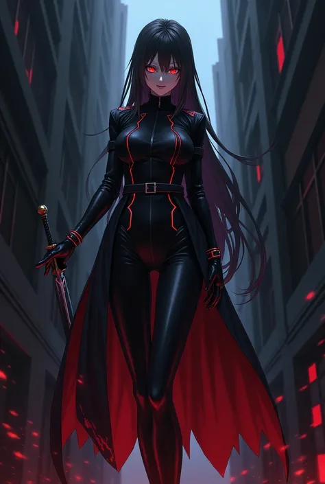 Envision an anime character standing imposingly in a dark, dimly lit alleyway. The character has a striking appearance with piercing, glowing red eyes that seem to cut through the shadows. Their expression is cold and unyielding, with a smirk that hints at...