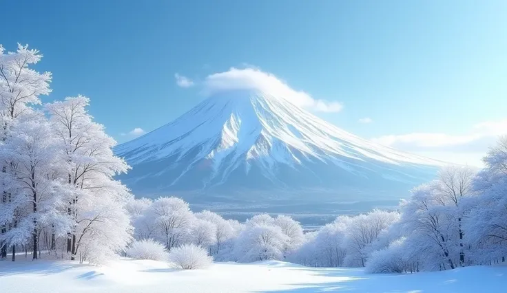 in the winter, Mount Fuji is completely covered in snow, its iconic shape standing out against the crystal blue sky. The nearby trees, also covered in snow, add an element of purity to the landscape, while the cold, clear air seems to amplify the grandeur ...