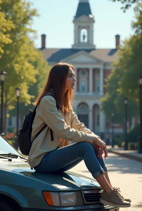 A 20 year old woman sitting on the side of a car hood facing away in front of a college or school