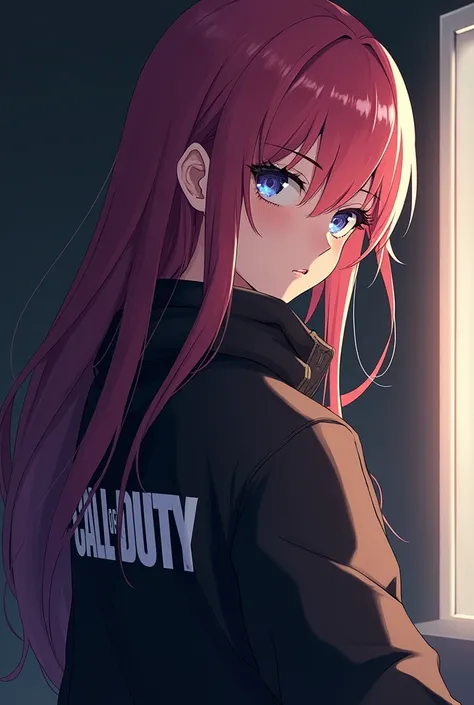 Anime woman looking back with her head sideways wearing jacket with Call of Duty game logo and my name Akira_time_