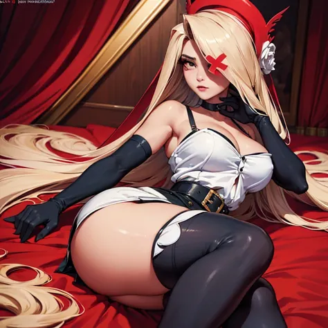 ((Lying in the bed, facing forward)), (masterpiece, best quality:1.4), absurdres, highres, ultra detailed, beautiful, (secretary), (perfect face, detailed face, beautiful:1.3),(natural breasts, cleavage), collarbone, fingerless gloves, gloves,spaghetti str...