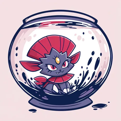 Weavile with blue-gray and maroon flush color palette IN A FISH BOWL,  ink pen art style
