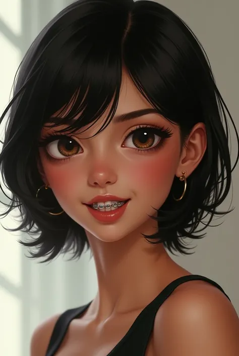 Make a girl out of 1,75 short dark hair to the shoulder, slim, brown skinned, wears braces and has a straight, almost sharp nose and a half-shouldered mouth with some sneezes 
