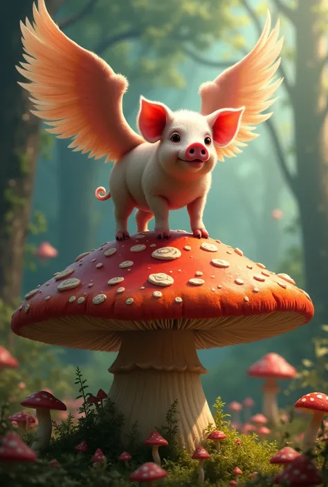 a pig with wings on top of a mushroom