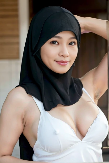 An age 50 years old malay woman wear hijab, white skin type, smile, Realistic, Photorealistic, 8K, Masterpiece, Best Quality, High Definition, Live Action, RAW Photo, Single Woman, Beautiful Body, Heavy Droppy Big Breast, ((Cleavage)), Sexy, Married Woman,...