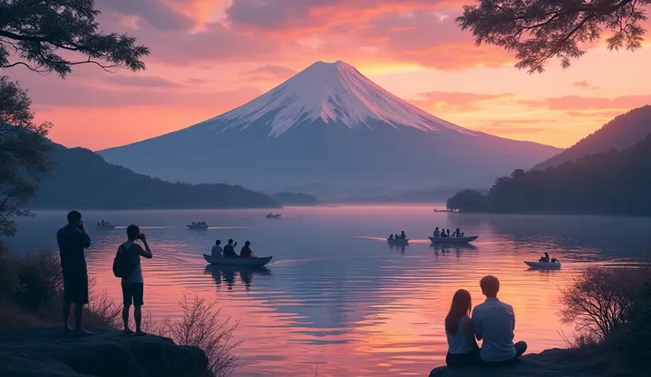 at dusk, the sky around Mount Fuji begins to turn orange and pink, preparing for sunset. Em Hakone, in the waters of Lake Ashi, tourists ride on boats, as Fuji&#39;s reflection begins to distort in the waves. On the banks, couples and groups of friends wat...