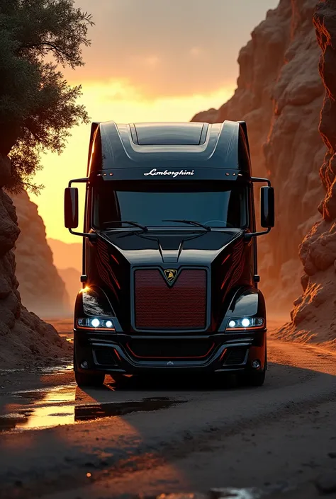 (high quality image, High Definition, 16k, realistic photo) a Man type tractor truck, with the characteristics of a lamborghini, aggressive, powerful. The truck is black and RED, big grill, with the acronym "Mack" on the grill. . Decoration on the road, pl...