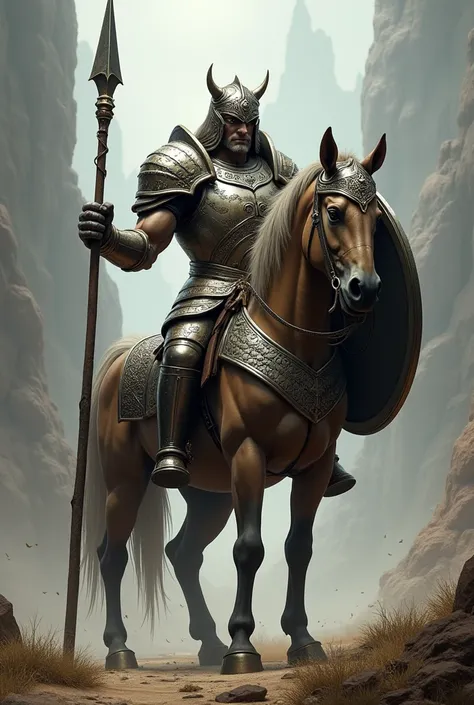 Armored centaur holding a spear in his right hand and a shield in the other , on the chest of his armor a scale