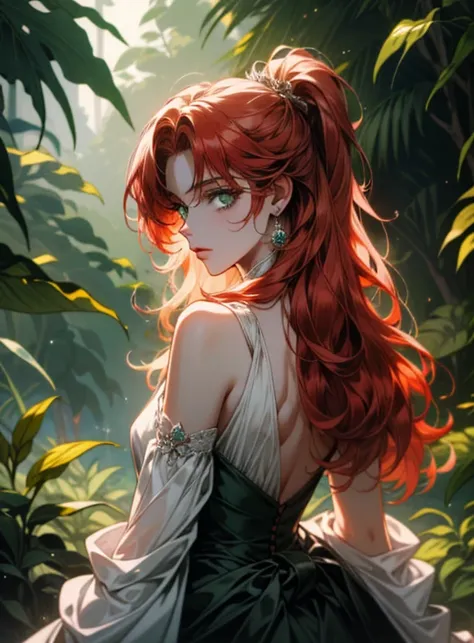 ((ultra detailed, masterpiece, absurdres))
 I2PIvy, long hair, red hair, green eyes, in a lush jungle with vibrant flowers, from behind, looking back