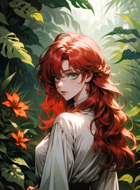 ((ultra detailed, masterpiece, absurdres))
 I2PIvy, long hair, red hair, green eyes, in a lush jungle with vibrant flowers, from behind, looking back