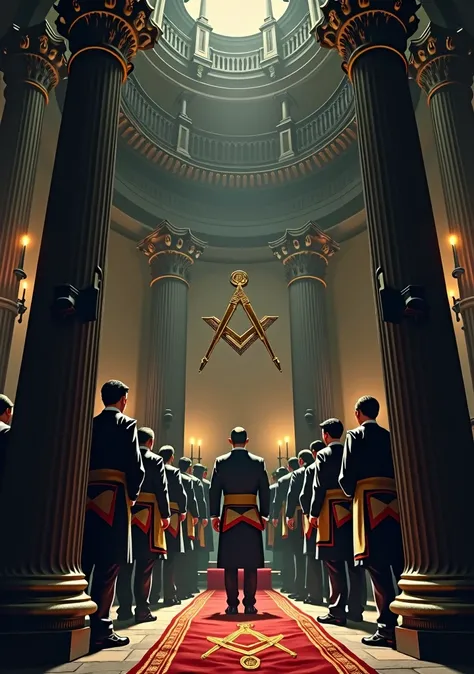 precise, Two Masonic columns, group of masonic men, compass and square, high resolution,detail, Depth of field, lines of emphasis, backlighting, illustration, 