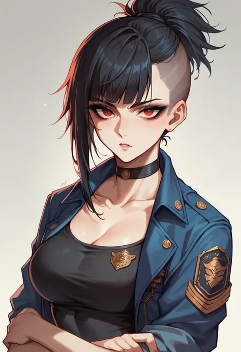 1 girl, by rubio, a big ponytail, thick side bangs, choker, , Wake up, black eyeliner, sexy clothes, officer, sci fi commander, bio punk, futuristic black hair, red eyes
