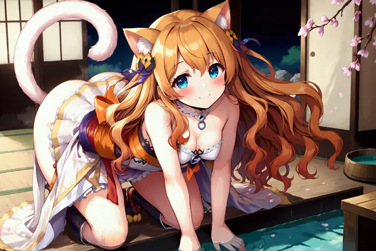 Small girl in frilly goddess dress armor, she sexually appealing, small shiny breasts, leaning forward, lots of cleavage, shiny orange wavy hair, fine curves, at a dojo, playing with a small cute cat, smiling and blushing, has flower in hair, small coy pon...