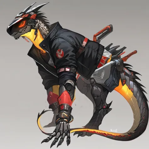 (Masterpiece:1.0), (High Detailed Skin:1.0), (High Quality:1.0), Detailed Realistic Background:1.3, score_9, score_8_up, score_8, solo Male, Robotic body, black metal, quadruped, lizard , black visor, black jacket, full body, black hair,  neon tail