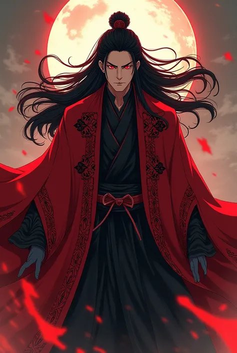 Make a murim manhwa character, with long black hair, he has red eyes, wears a red cloak with black details, he is man. I don&#39;t want a realistic character just from murim manhwa.