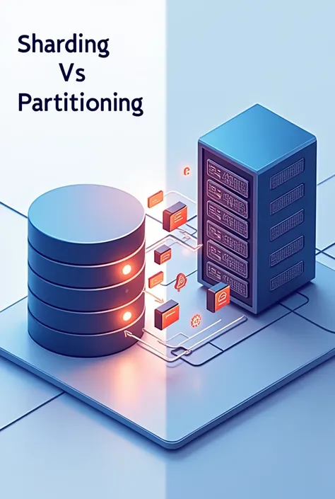 Create a digital illustration for a blog banner about database sharding and partitioning. The image should be horizontally oriented. On the left side, show a large database icon splitting into smaller, colorful database icons, representing partitioning. On...