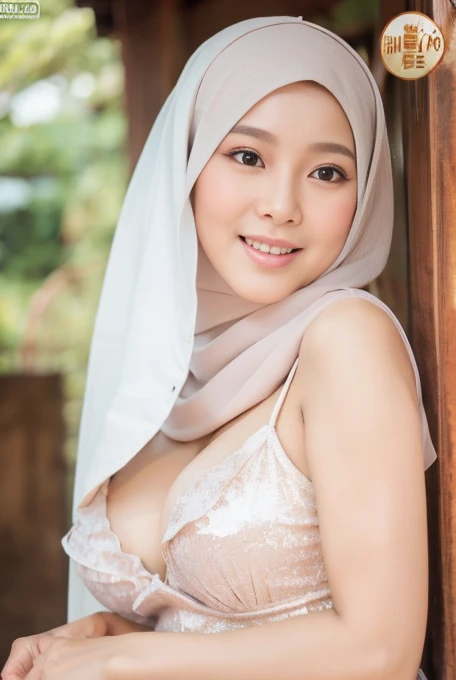 An age 50 years old malay woman wear hijab, undressing, white skin type, smile, Realistic, Photorealistic, 8K, Masterpiece, Best Quality, High Definition, Live Action, RAW Photo, Single Woman, Beautiful Body, Heavy Droppy Big Breast, ((Cleavage)), Sexy, Ma...