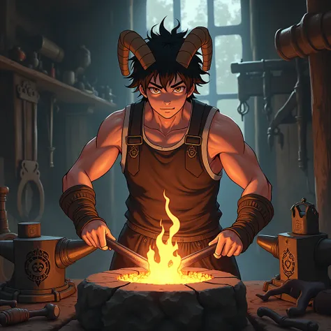 anime boy, blacksmith, chifres de bode 