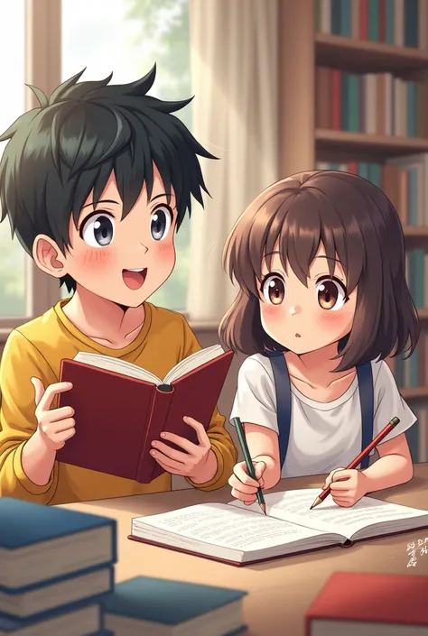 Generates an anime-structured sketch of a happy boy talking about a novel while holding his novel papers in his hands, with a girl listening to him while trying to draw what the boy says