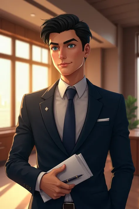 A young man with black hair and blue eyes, profession lawyer 