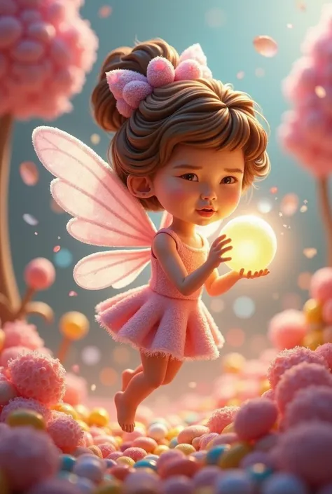 purple, a baby lollipop fairy, a small, a charming baby figure with shiny brown hair, short as powdered sugar and delicate wings made of fine sweets like cookies. She hovers gracefully in the air, your wings shining in the light. She wears a dress made of ...