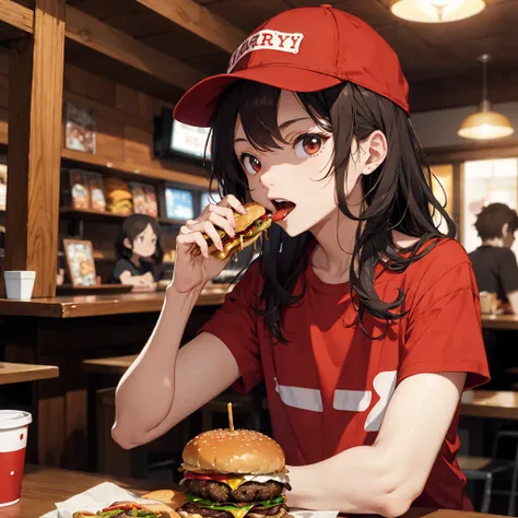 Skinny boy with wavy hair, red t-shirt and black cap, eating a burger in a restaurant