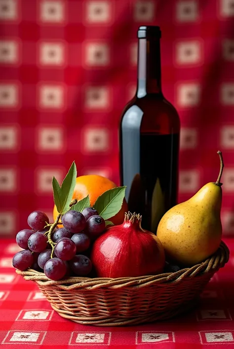 Create a photo of a basket with a purple grape, a pomegranate, a pear and a bottle of wine on top of a red tablecloth with white squares