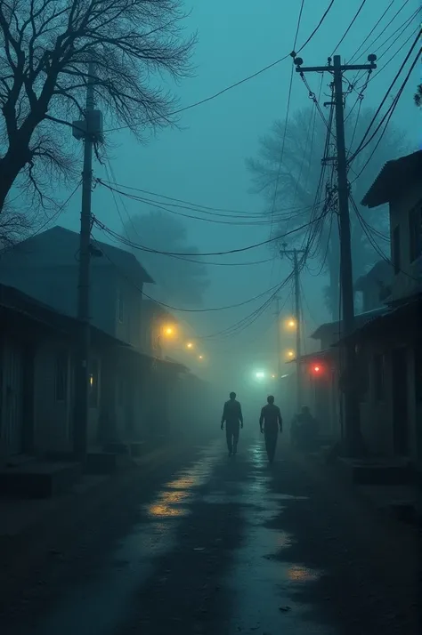  A cold, dark night in a small village in Haryana, with a foggy atmosphere and dimly lit streets.