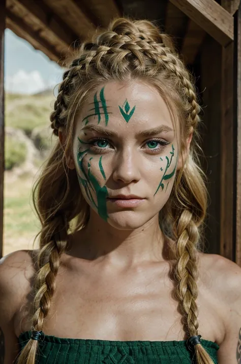 focus on beautiful Viking woman, with beautiful green eyes, blonde hair with a big braid on the top, war face paint, with an intimidating look, natural lighting, Ultra realistic, Full HD