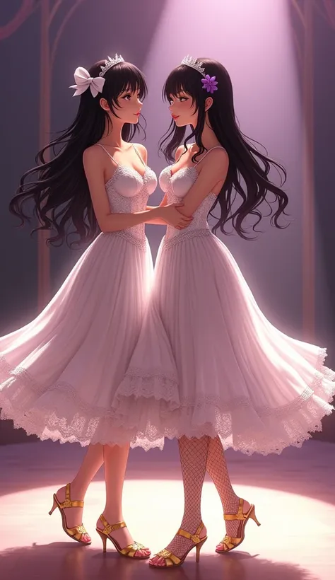 TWO beautiful Trans Woman on dancing stage, wearing a lace pleated strapless wending dress, lace top, flat chest, with beautiful legs showing, brown brunette skin, long black hair, white bow with purple tiara in her hair, "golden sandals", closed mouth smi...