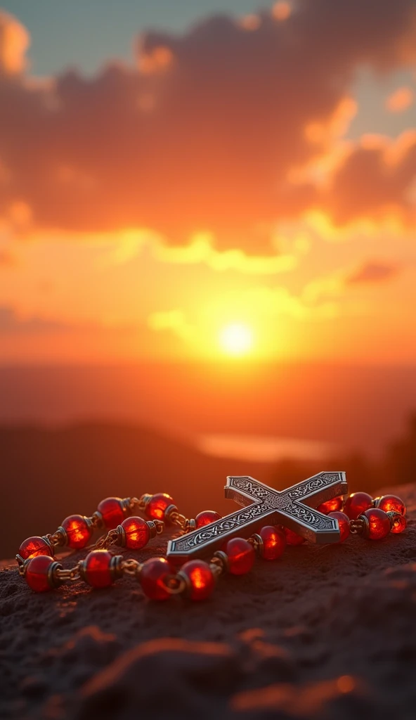 Realistic image of a Catholic rosary in front of a sunset with a clear sky..