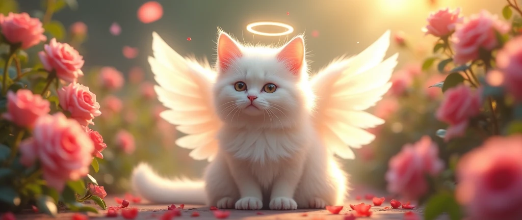 cute and fluffy cat angel in a rose garden  