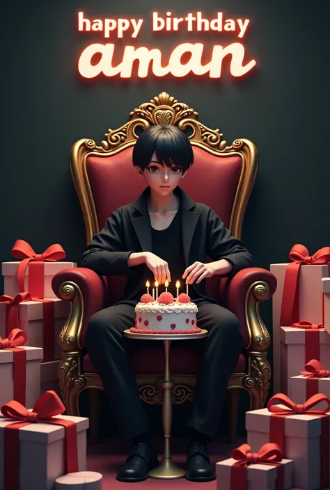 create a realistic 3d illusion image of a  anime boy he is wear black clothes , who is sitting on a king chair and he is cutting the birthday cake, there are many gifts kept next to it and “Happy Birthday aman” text is written on the back black wall. Make ...