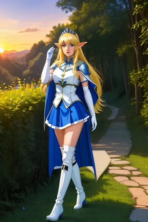 high resolution, masterpiece, high quality, perfect face, perfect eyes, mansion foyer, Nina Aslato, long blonde hair, tiara, long skirt, heel boots, white elbow gloves, blue cape, huge breasts, cheerful, outdoors, forest background, sunset, long elf ears