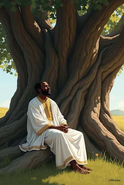 A black father wearing whit clothes in traditional way and sitting under a big tree