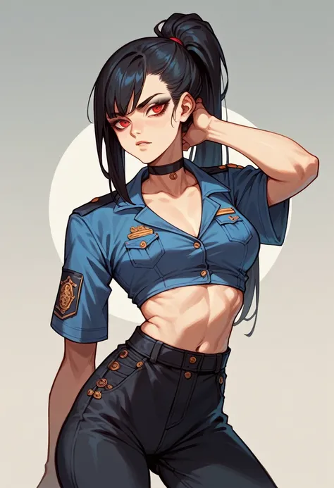 1 girl, by rubio, a big ponytail, thick side bangs, choker, , Wake up, black eyeliner, sexy clothes, skinny body, officer, sci fi, cadet, futuristic black hair, red eyes
