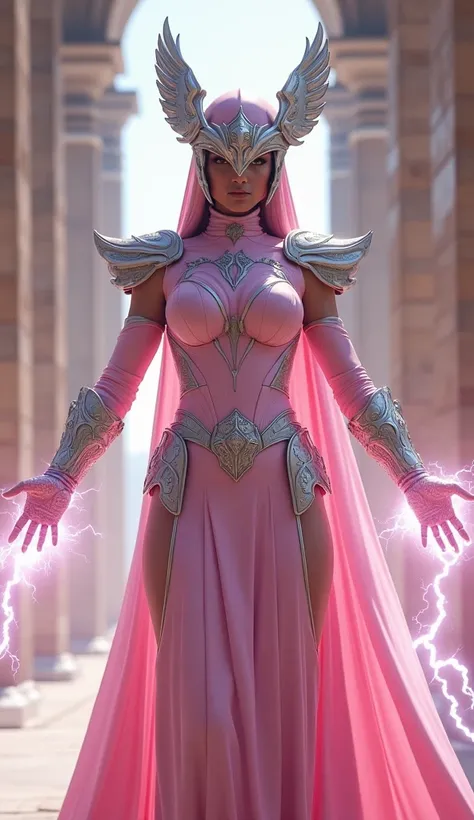 Light pink female Power Ranger inspired by Greek culture with helmet and armor with silver lightning bolts coming out of her hands with an Athena background