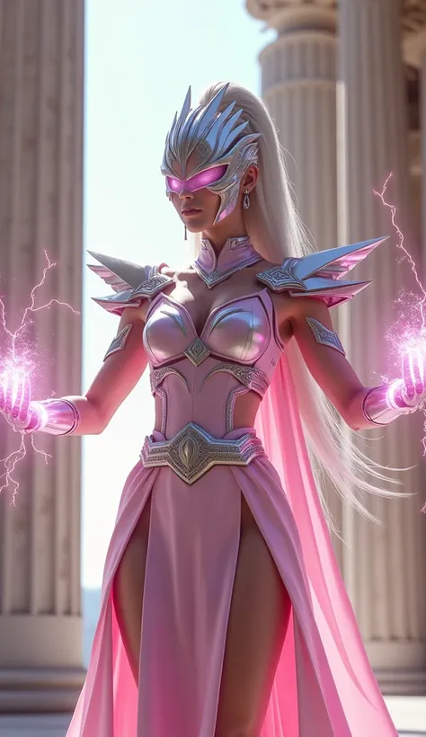 Light pink female Power Ranger inspired by Greek culture with helmet and armor with silver lightning bolts coming out of her hands with an Athena background